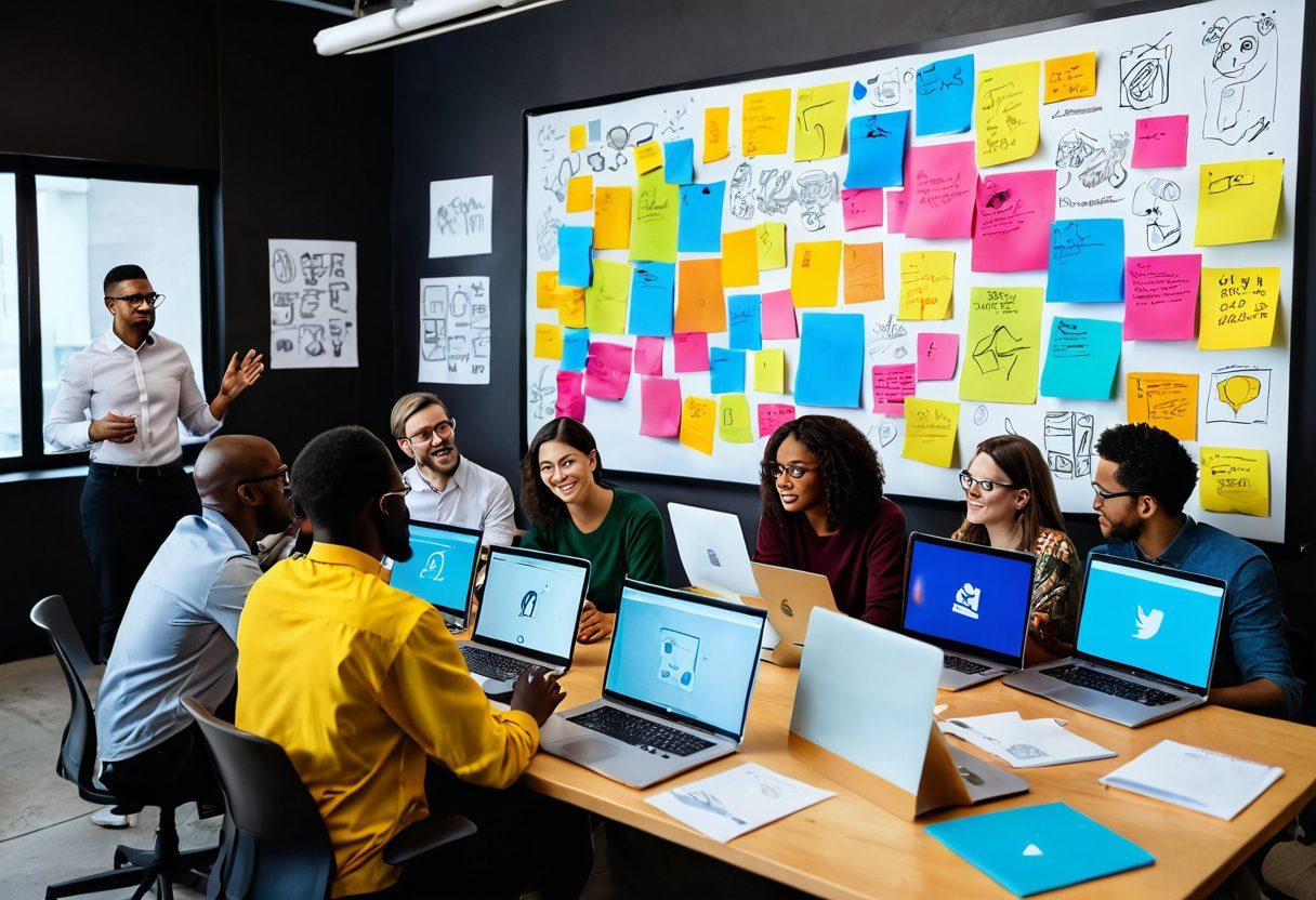 A dynamic scene showcasing a diverse group of creators brainstorming ideas around a large digital screen displaying vibrant content. Elements representing various creative processes, such as sketches, video clips, and social media icons floating in the air. Include colorful sticky notes and laptops to emphasize collaboration. The setting is modern and inspiring, symbolizing innovation and creativity. super-realistic. vibrant colors. 3D.