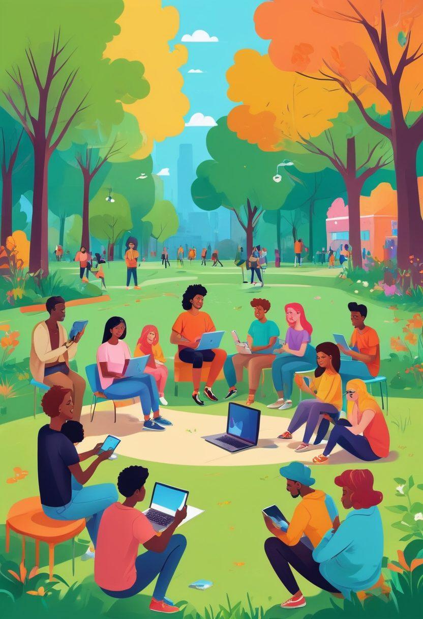 A lively scene depicting diverse individuals engaging in video blogging together in a colorful urban park. Showcase a mix of people of different ages and backgrounds collaborating, creating videos on cameras and mobile devices. Incorporate elements of creativity, like sketches or doodles floating around them, symbolizing ideas and community. The setting should be bright and inviting, creating an atmosphere of connection and creativity. vibrant colors. flat design.
