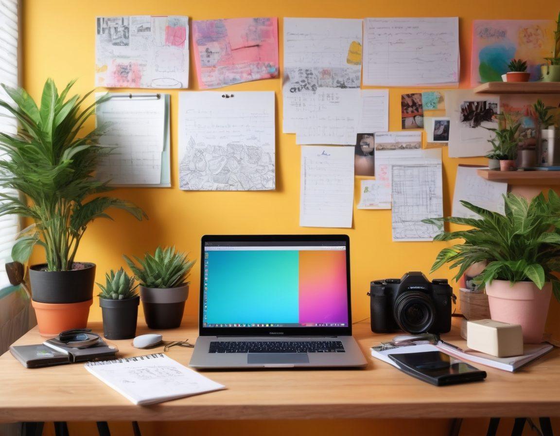 A vibrant workspace filled with creative vlogging tools: a colorful camera setup, a laptop displaying an editing software, and an overflowing notebook with sketches and ideas. Add an inspirational message on a nearby wall, along with a plant for freshness. The ambiance is bright and inviting, encouraging creativity and self-expression. super-realistic. vibrant colors. 3D.